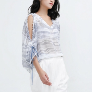 Blouse Linear Print Open Shoulders Loose