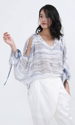 Buy Blouse Linear Print Open Shoulders Loose