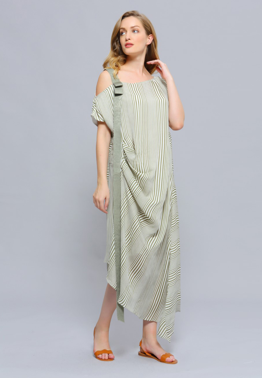 Dress Asymmetric Draped Stripe Print Midi W98496-02