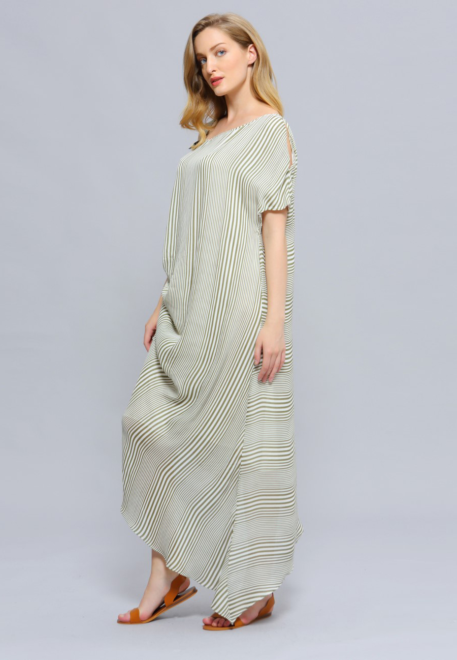Dress Asymmetric Draped Stripe Print Midi W98496-03
