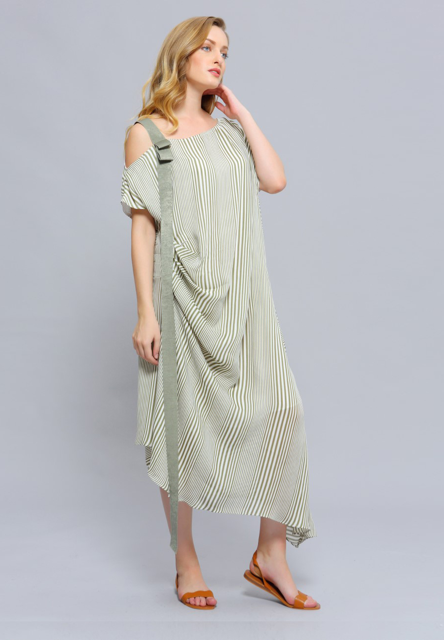 Dress Asymmetric Draped Stripe Print Midi W98496-04
