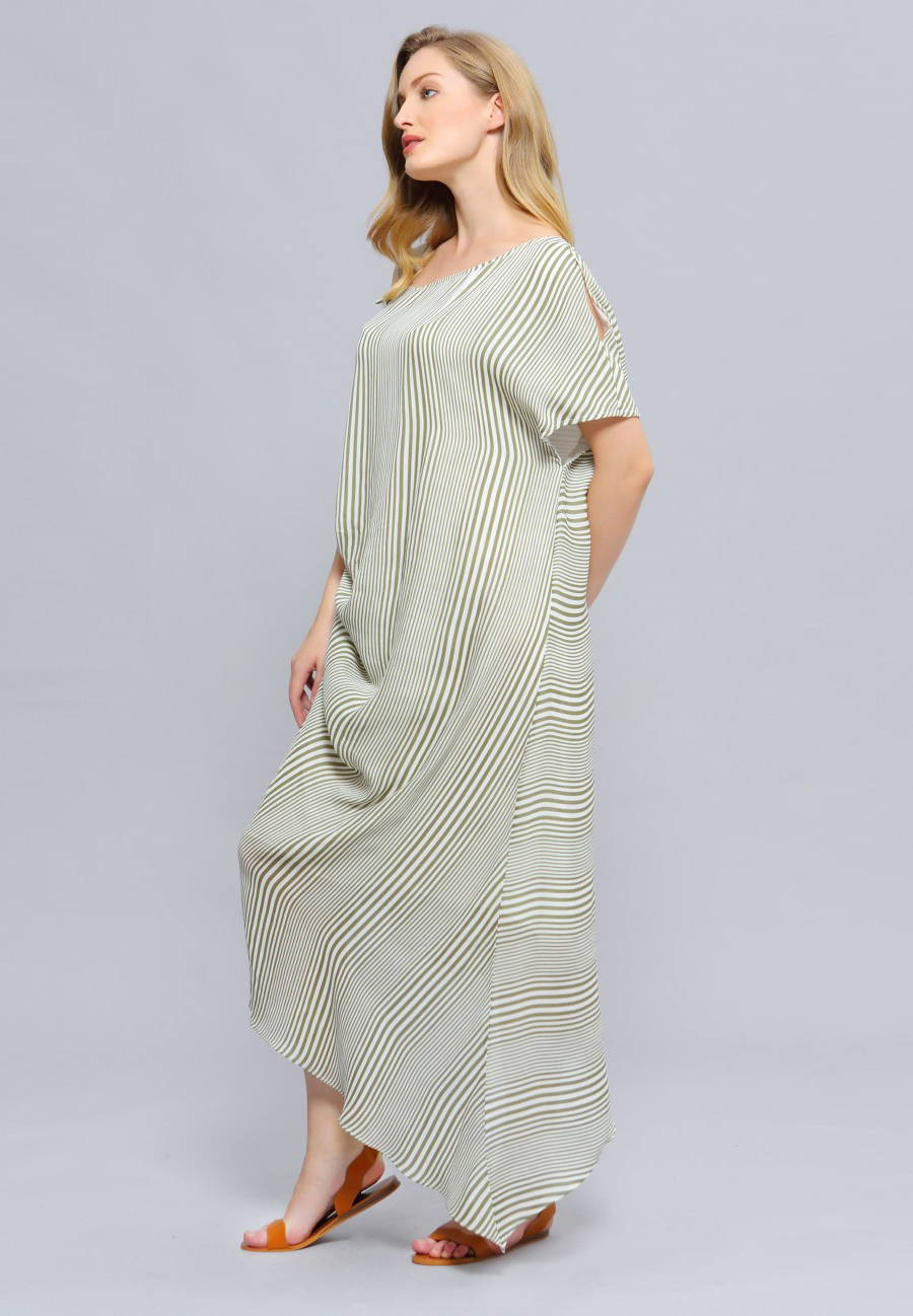 Dress Asymmetric Draped Stripe Print Midi W98496-05