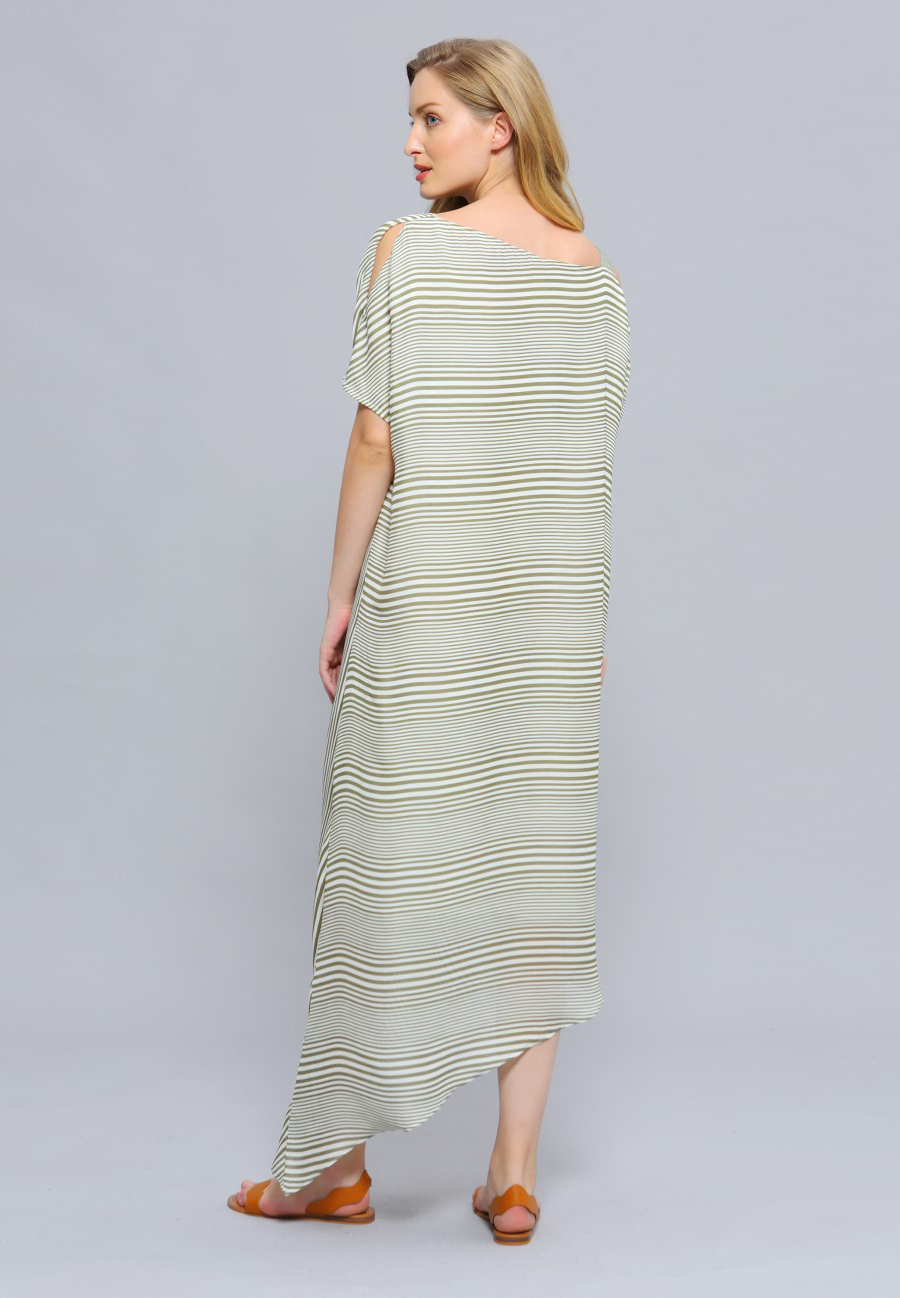 Dress Asymmetric Draped Stripe Print Midi W98496-06