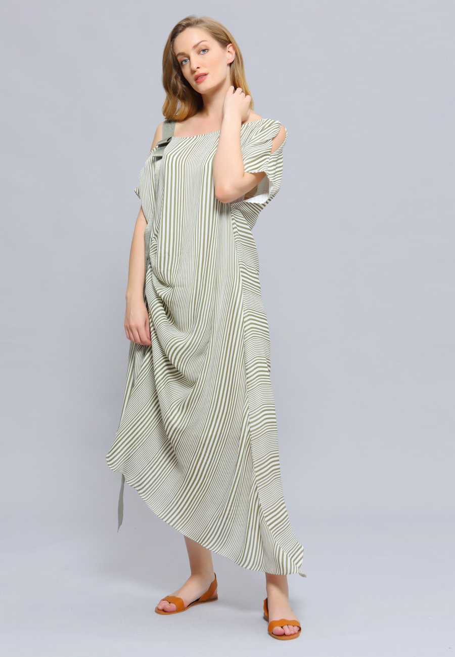 Dress Asymmetric Draped Stripe Print Midi W98496-07