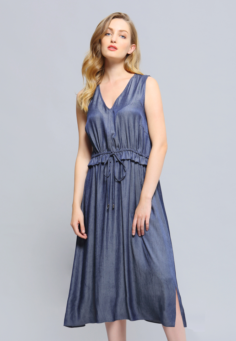 Dress V-neckline Adjustable Waist Midi W98562-blue-01
