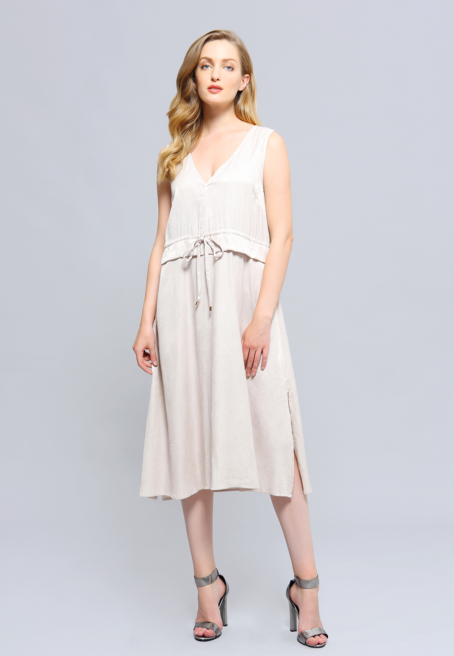 Dress V-neckline Adjustable Waist Midi W98562-cream-04