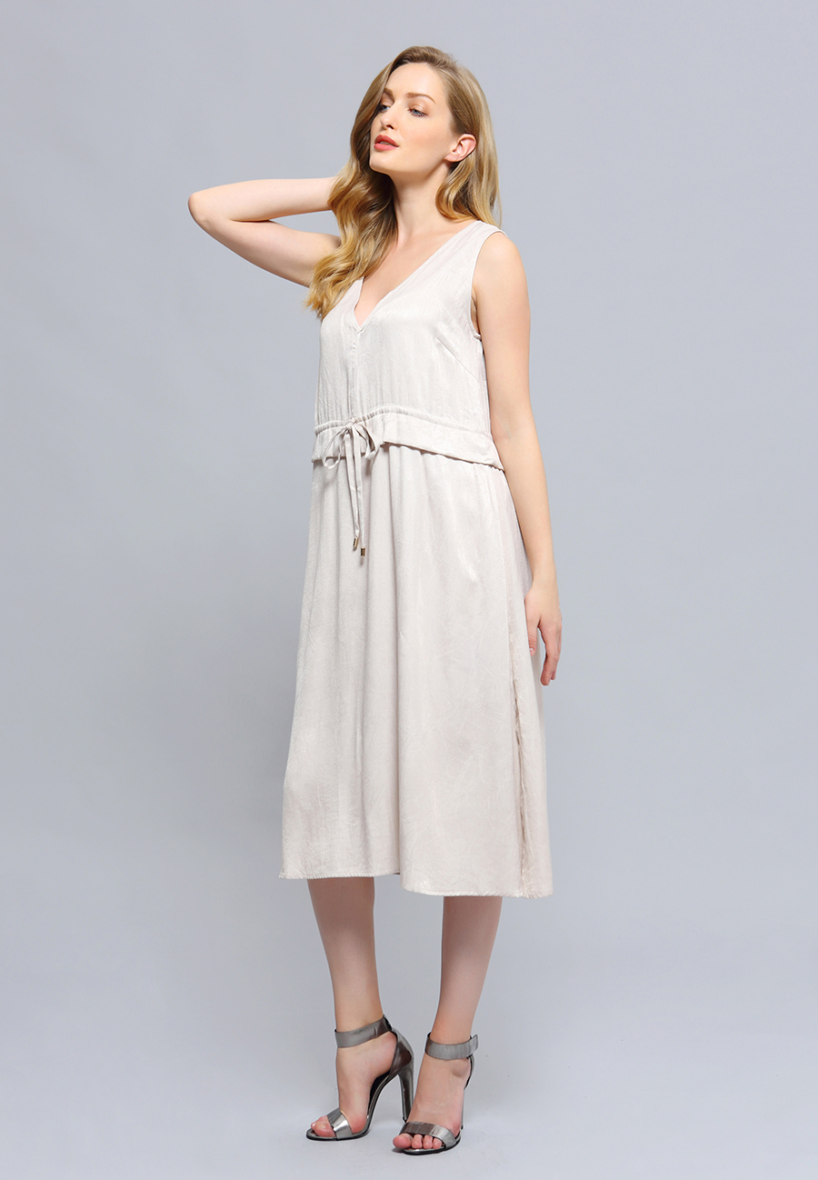 Dress V-neckline Adjustable Waist Midi W98562-cream-05
