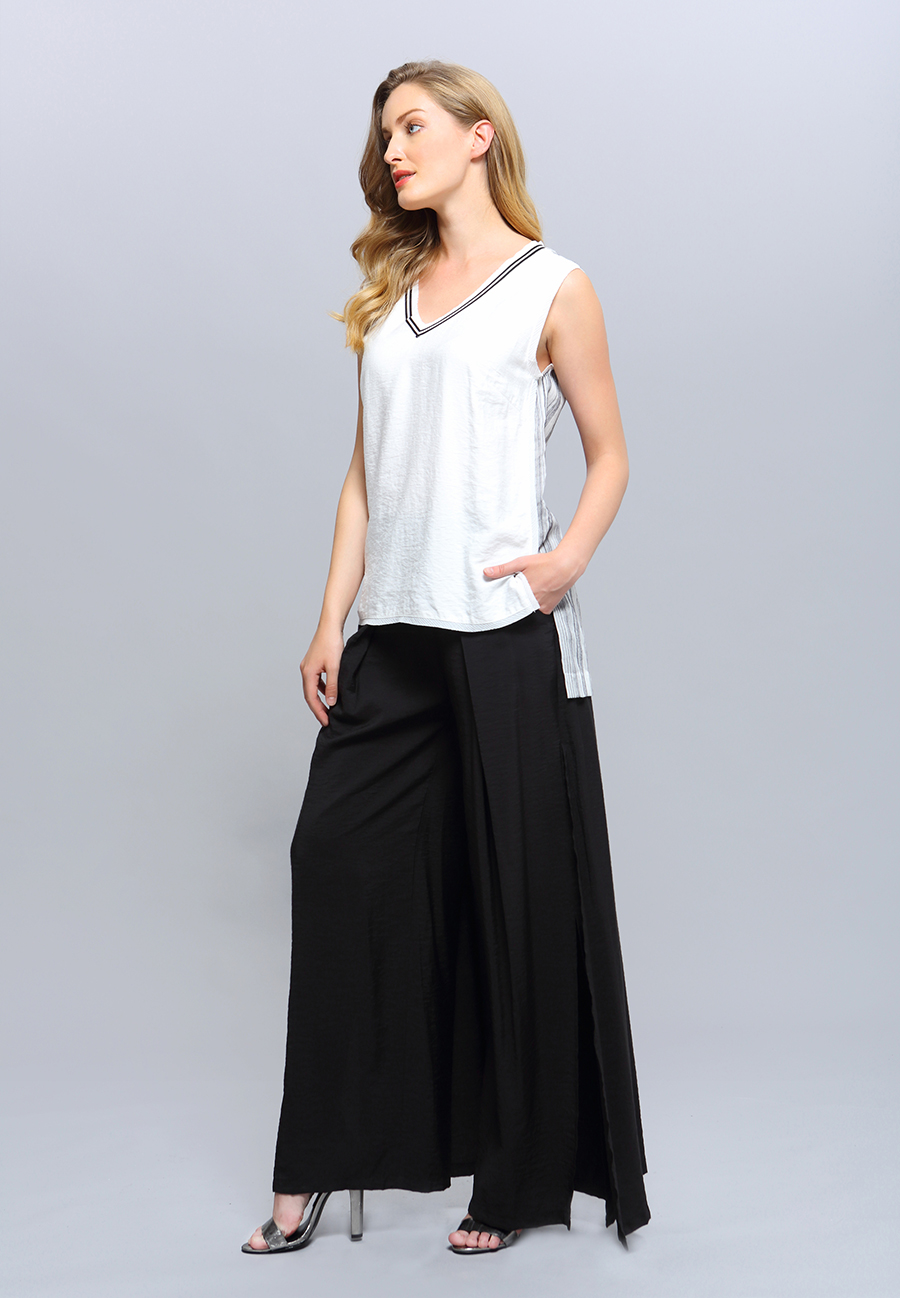 Top long bi-matière à encolure en V W13379-02