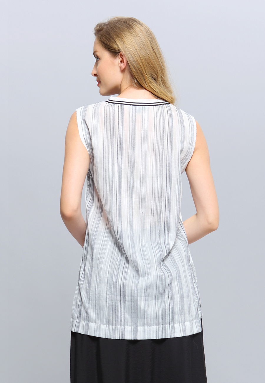 Top long bi-matière à encolure en V W13379-03