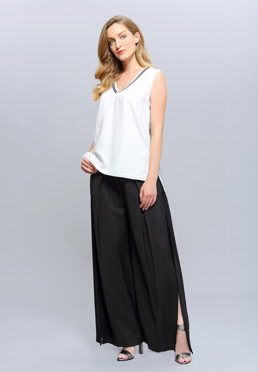Top long bi-matière à encolure en V W13379-04
