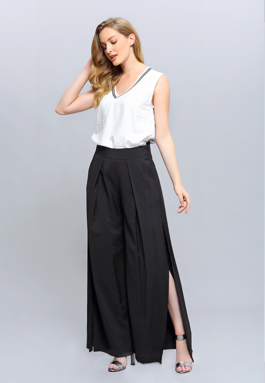 Top long bi-matière à encolure en V W13379-05