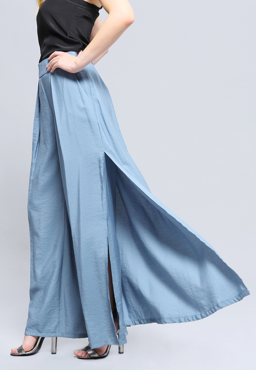 Pantalon bleu large panneau jupe arrière W50909-02