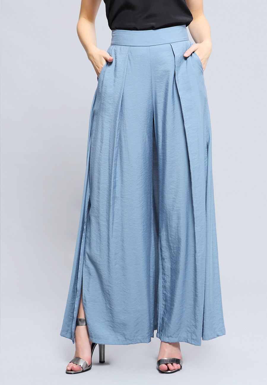 Pantalon bleu large panneau jupe arrière W50909-03