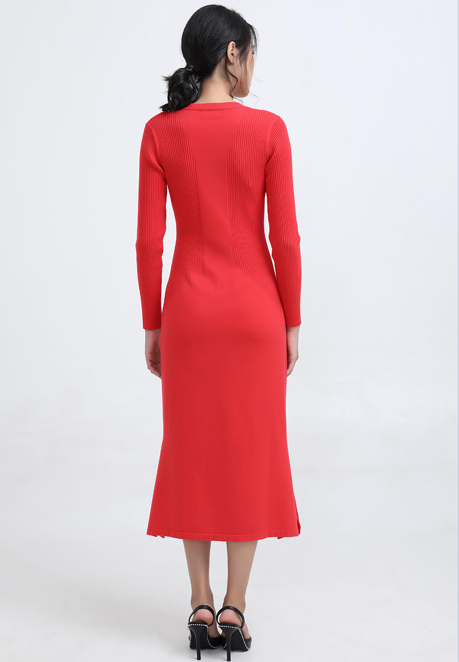 Slim V-neck sweater midi dress red 02