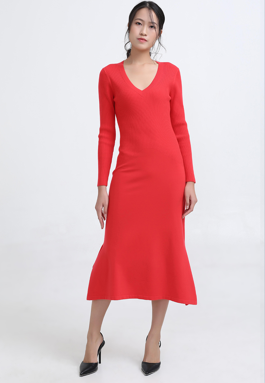 Slim V-neck sweater midi dress red 03