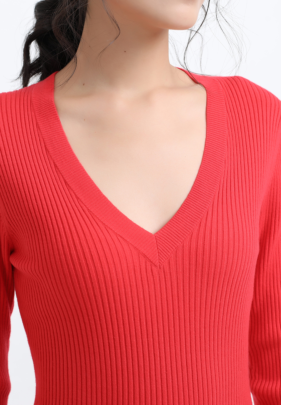 Slim V-neck sweater midi dress red 04