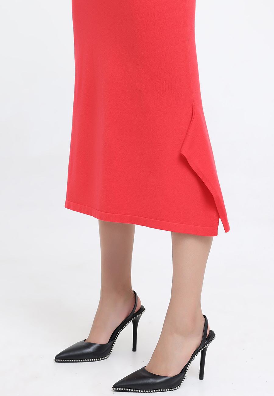 Slim V-neck sweater midi dress red 06